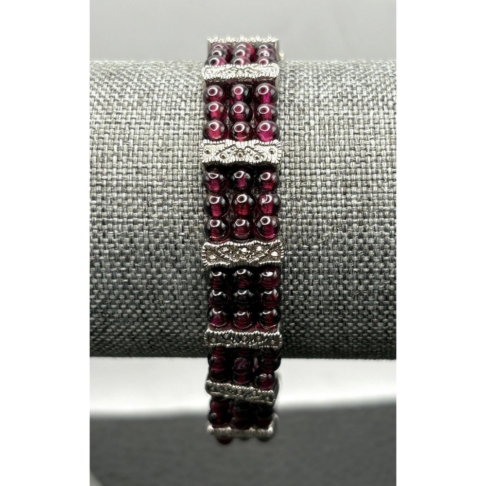 Red Garnet Beaded Boho Bali Style Silver Tone Multi Strand Row Bracelet Tennis